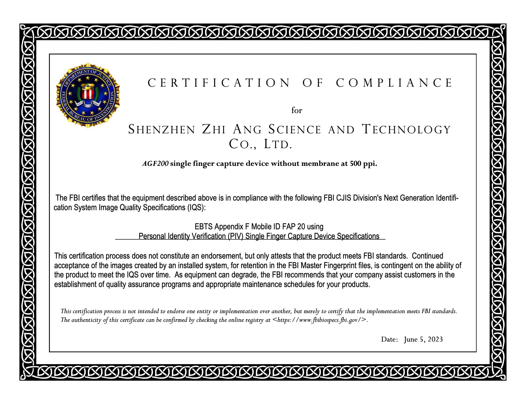 Certificado AGF200 PIV